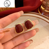 JiMi复古酒红色高级感耳钉女小众设计网红耳环2023新款洋气秋冬耳夹饰