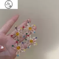 JiMi925银针水晶串珠花朵长款耳环女ins超仙森系花瓣流苏耳钉耳饰复古