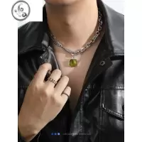 JiMiGuangYu新款绿方砖钛钢男项链多层叠戴链条女宝石ins甜酷锁骨链潮