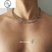 JiMiNFF古巴双层项链欧美嘻哈男女ins粗链百搭钛钢街头一字扣锁骨链潮