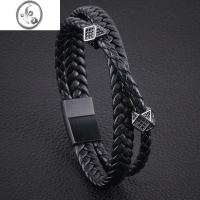 JiMi网红小众ins风菱形镶钻锆石珠皮绳手链男生土酷帅气手绳黑色