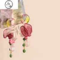 JiMi春夏玫红白色花瓣渐变月牙耳饰 夸张彩色绿色撞色仿玉石耳环耳夹