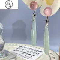 JiMi旗袍女子绿色长水滴玉髓琉璃玉珠吊坠耳环新中式仙气国风耳夹