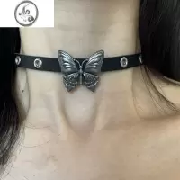 JiMi[楼哈哈]Y2K少女皮革choker颈链黑色小众设计感双层蝴蝶锁骨颈带