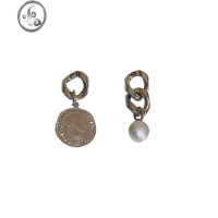 JiMi银针不对称珍珠人像圆牌耳钉韩国ins时尚耳坠冷淡风个性新款耳饰