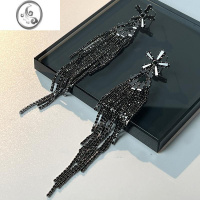 JiMi银针镶钻花朵流苏耳环黑色夸张时尚耳钉ins气质轻奢长款防丢耳饰