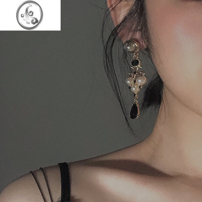 JiMi「黑色曼陀罗」宫廷复古巴洛克时髦高贵珍珠水滴黑钻耳环/耳夹