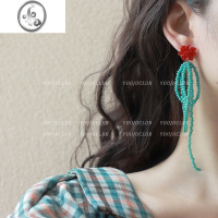 JiMiYOUJUclub-树莓甜心 撞色复古绿色串珠花朵设计感耳环蚊香盘耳夹
