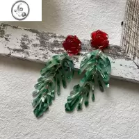 JiMi复古红色玫瑰花绿色叶子流苏耳环度假风酒红港风小花撞色长款耳夹
