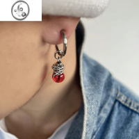 JiMi新中式红珠吊坠耳环男少数民族风耳饰耳夹复古潮流小众古风耳坠女