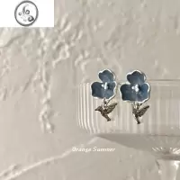 JiMi橘夏|复古法式蓝色花朵小鸟滴釉耳环小众高级感耳钉无耳洞耳夹女