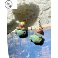 JiMi复古手绘撞色小鱼925银耳环百搭气质粉嫩碎花少女昭和风耳夹耳饰