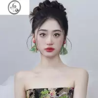 JiMi新款新娘结婚婚纱毛线绿色流苏长款耳钉耳夹耳环耳饰大气高级感