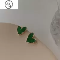 JiMi绿色爱心耳环小众简约小巧耳钉银银百搭复古耳夹无耳洞女耳饰气质