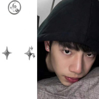 JiMi925银银四芒星星耳钉女2023新款洋气小众高级感不对称森系耳饰ins