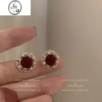 JiMi法式复古酒红色丝绒耳钉耳夹耳环女小众设计气质高级感珍珠耳饰潮