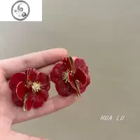 JiMiHUALU-虞美人 绝美复古显白酒红色立体花朵耳环法式精致小众耳夹