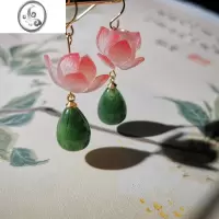 JiMi莲花耳坠粉色花朵绿色水滴耳环耳夹中式小众原创设计超仙女风耳饰