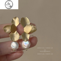 JiMi法式复古金属花瓣珍珠耳环高级感小众设计耳夹气质冷淡风耳钉耳饰