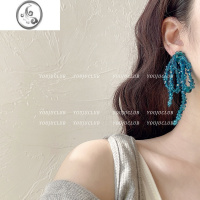 JiMiYOUJUclub-显白透明水晶编织蝴蝶结串珠气质流苏长款夸张耳环耳夹