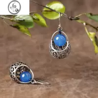 JiMi民族风耳环蓝色玛瑙银色耳坠复古中国风配旗袍银银耳饰耳夹夏款女