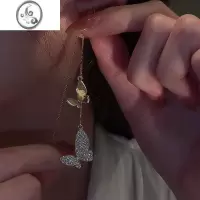 JiMi两只蝴蝶锆石耳线女长款精致高级感耳坠轻奢冷淡风耳环银欲设计感