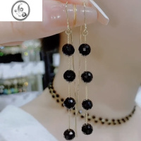 JiMi气质轻奢长款黑色水晶流苏耳线女2023年新款设计感耳环显脸瘦耳饰