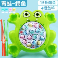 儿童电动钓鱼玩具套装宝宝1-2岁磁性小鱼3岁男孩音乐旋转女孩 青蛙钓鱼盘-绿色[配15条鳄鱼]