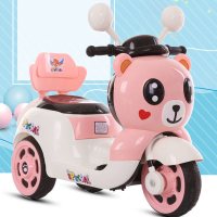网红熊儿童电动摩托车三轮车充电女孩玩具车1-6岁可坐人男孩童车 粉[早教插U盘+大电瓶双驱动]