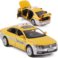 玥乐6开金属仿真1:32出租车的士小汽车模型玩具声光回力 黄色盒装