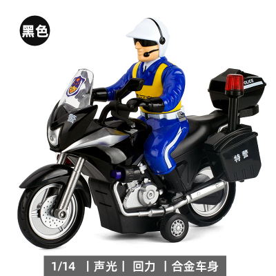 金属1:14合金仿真声光摩托车儿童玩具警察巡逻摩托合金回力模型 黑色+小人[无彩盒]