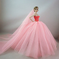 巴比娃娃衣服 苛儿娃娃婚纱 多款礼服/婚纱 5件 胭脂粉轻纱蓬蓬裙水晶粉送头纱
