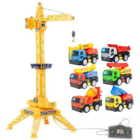塔吊起重机电动遥控无线男孩塔吊工程车吊车男女儿童玩具模型 64厘升级版塔吊+6惯性工程车套装 配送充电器和充电电池