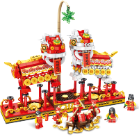 儿童小颗粒积木舞狮古风中国风拼装积木兼容春节春运绿皮火车拼搭玩具男孩女孩生日礼物新年送礼元宵情人节