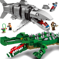 拼装男孩子儿童益智力积木动物系列鳄鱼玩具巨齿鲨小颗粒模型