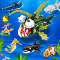 积木海洋鲨鱼海马虎鲸小丑鱼鲸鱼灯笼鱼组装模型儿童拼装玩具