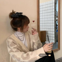 PPHOME温柔可人~韩系气质少女慵懒随性奶牛斑纹软糯百搭毛衣外套