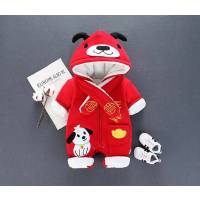 0-2岁宝宝新年大红色加绒加厚带帽连体爬服