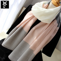 雪千羽 粉色拼块围巾长款女生春秋冬季保暖围脖针织毛线披肩清新少女日系 粉红色