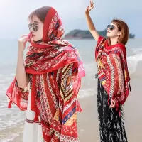 雪千羽 新款红色民族风围巾度假防晒披肩丝巾女百搭海边纱巾沙滩巾两用 红色