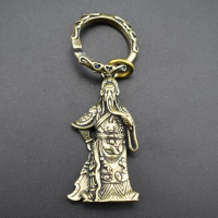 雪千羽 复古创意纯铜铜关公武财神钥匙扣链男女汽车挂件吊坠小礼品挂件 带刀关公+复古天使圈