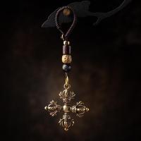 雪千羽 十字圆金刚杵铜汽车钥匙挂件法器手工编织钥匙链摩托车挂绳吊坠 『十字圆杵』