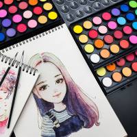 初学者手绘美术画画颜料小学生儿童水粉颜料粉饼固体水彩颜料套装 12色水彩套装 画笔3支+调色盘