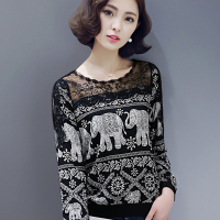 2018春秋季新款蕾丝打底衫长袖体恤衫女宽松网纱镂空上衣小衫t恤