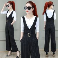 [t恤含棉、单件/套装]垂感阔腿背带裤女装宽松高腰九分裤两件套