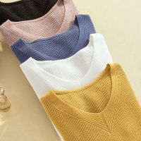 新款女装毛衣v领薄款内搭纯色打底衫简约修身显瘦短款毛针织衫