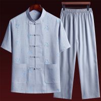 唐装男棉麻短袖套装爸爸夏装中国风男装汉服中老年爷爷老年人衣服