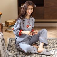 睡衣女秋季天纯棉长袖韩版清新春秋冬款带胸垫全棉宽松家居服套装