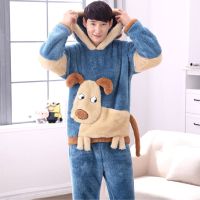 法兰绒男士睡衣冬季加厚加绒青少年秋冬卡通珊瑚绒家居服冬天套装