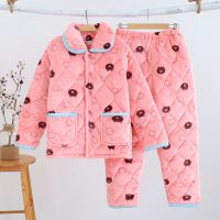 法兰绒睡衣女冬可外穿加厚加绒三层夹棉珊瑚绒甜美棉袄套装家居服